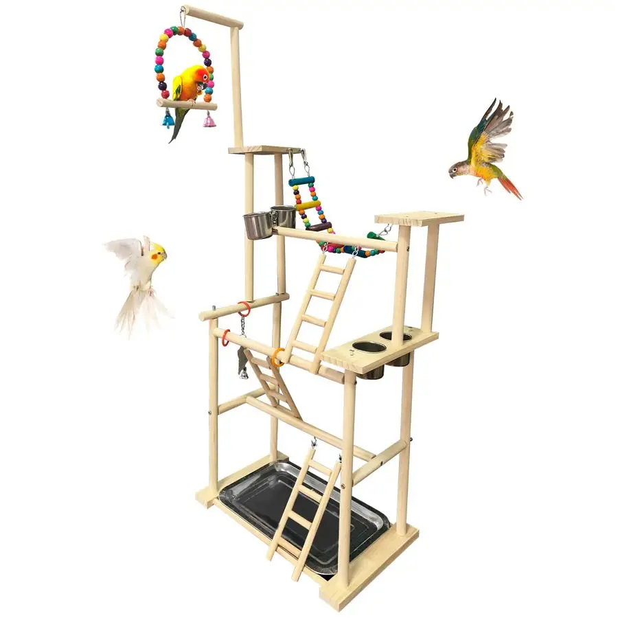 

Natural Wood Bird Playground Stand with 4 Large Layers Exercise Perch for Parrots Cockatiels and Small Birds Indoor Bird Activit