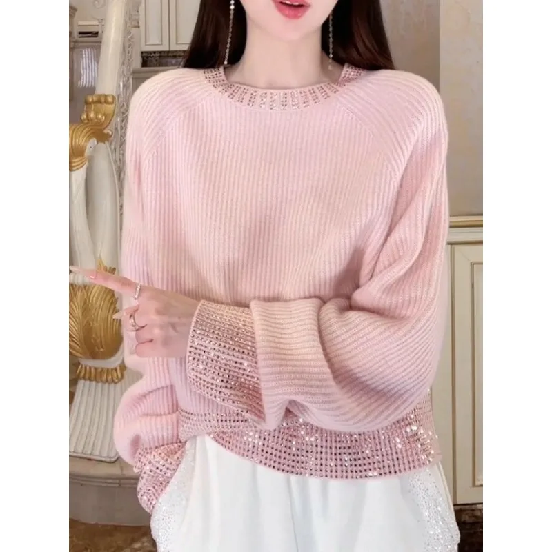 

Autumn and Winter Hot Diamond Shiny Sweater Round Neck Top Elegant Temperament Age-reducing Commuting Sweater