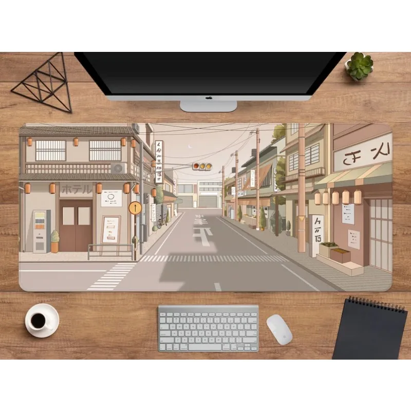 Tokio Street Desk Matte Anime japanische Mauspad Kawaii extra große Gaming Mauspad niedlich beige Ästhetik Landschaft Stadt dekorieren