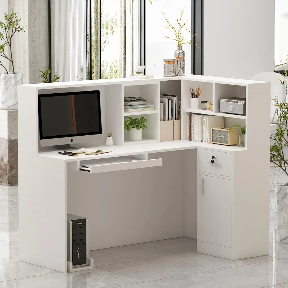 

Reception Desk with Counter Drawers & Storage Shelves, L-Shaped Reception Counter Table for Salon Reception Room Checkout Office