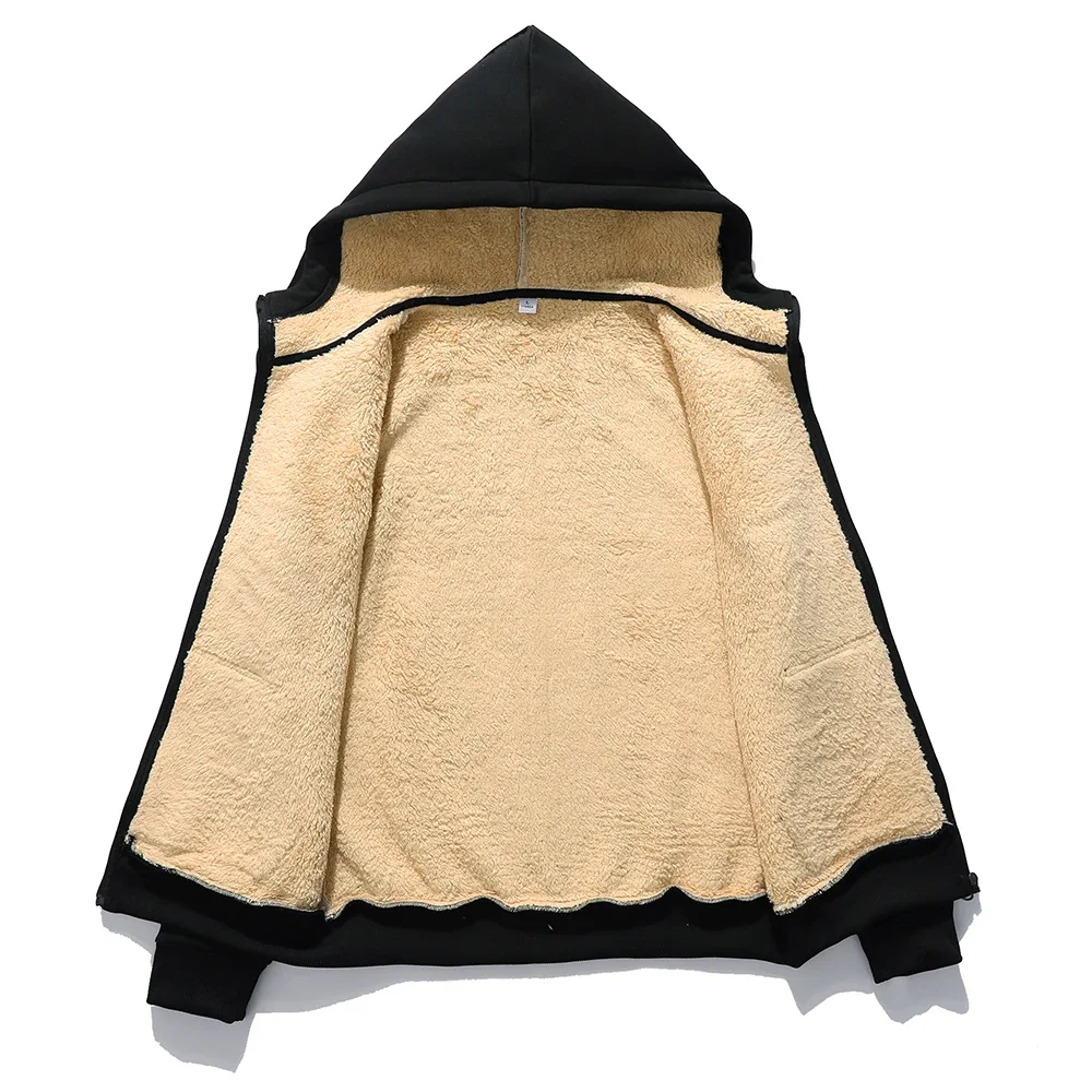 Zimowe bluzy z kapturem z wełny jagnięcej Męskie grube ciepłe bluzy z zamkiem błyskawicznym Wiatroszczelna gruba kurtka termiczna Streetwear Casual Plus Size — zdjęcie 6