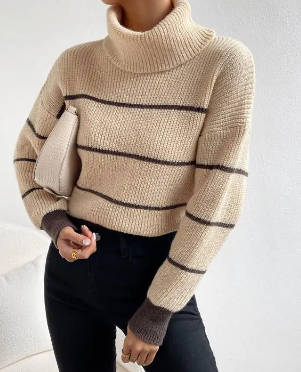 2025年秋冬 ハイネックストライプニットセーター レディース カジュアル エレガント 通勤 長袖ニットセーター