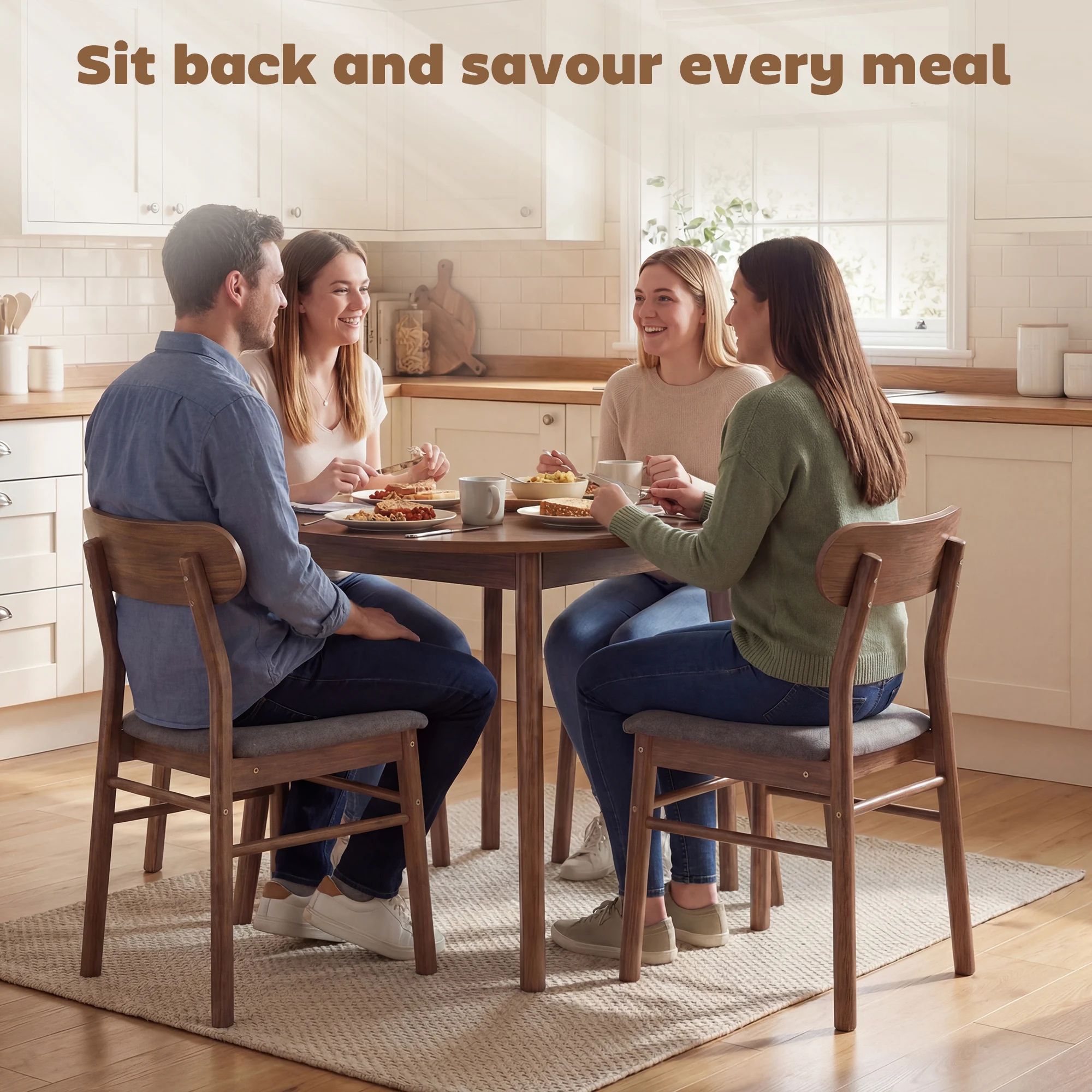 Homcom Dining Chairs Set of 4, Upholstered Solid Wood Kitchen Chairs, Mid-Century Modern Dining Room Chairs with Ergonomic Curved Backrest, Gray view 4