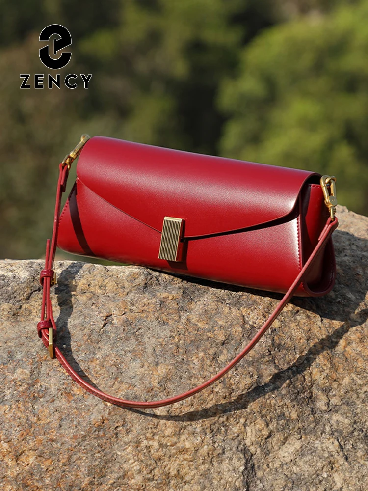 Zency Luxury Dark Red Handbag Purse for Women French Style Underarm Bag Genuine Leather Gift Shoulder Bag For Wife Lover