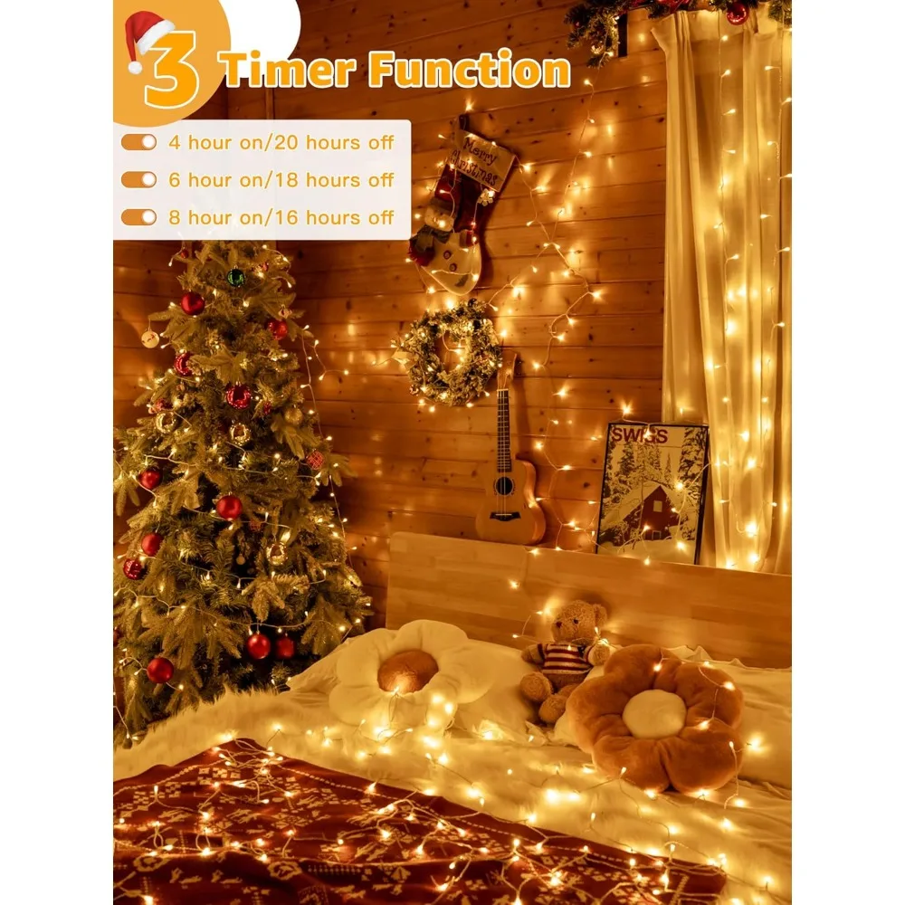 Рождественские гирлянды 1200 светодиодов, 196 футов, 8 режимов, гирлянды с регулируемой яркостью, пульт дистанционного управления и таймером, водонепроницаемые для праздничных украшений