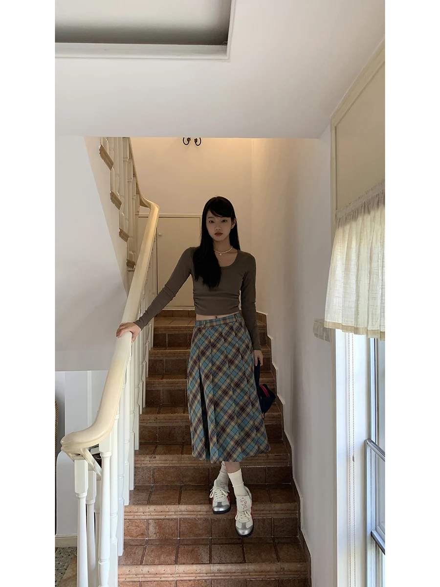 スリムAラインミディスカート ハイウエスト チェック柄 プリーツ カジュアルスタイル レディース 秋新作 エレガント ロングスカート