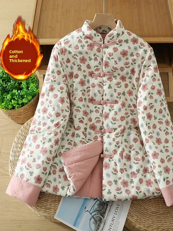 

Thiened Floral Cotton Jaet Vintage Button Loose Warm Autumn Winter New Sle Anti-Aging Outerwear for Women Sweet Sle