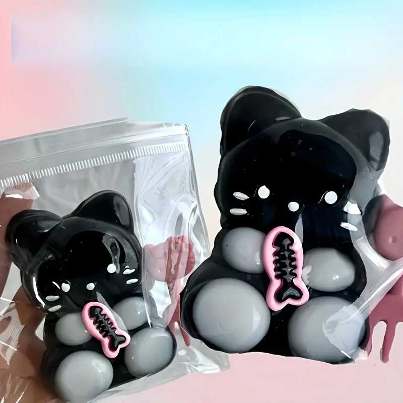 Czarny mały kot pluszowy zabawka sensoryczna łagodząca stres, powolnie rosnąca miękka zabawka łagodząca ciśnienie o wysokim odbiciu, wykonana z tworzywa sztucznego, do biura