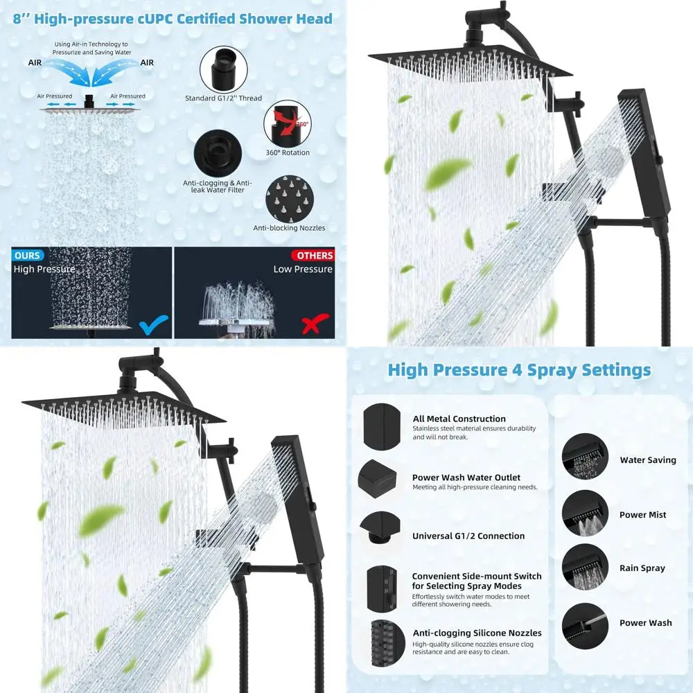 8 Metal CUPC Certified Rain Shower, Dual Combo, 4-Spray Handheld Wand, 16 Extension Arm, 71 Hose, Matte Black