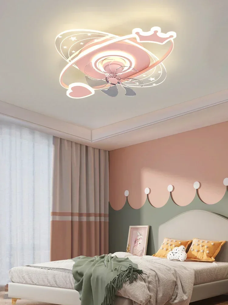 Children's room fan light Nordic cartoon crown princess room ceiling light shaking head silent fan integrated led light 220V