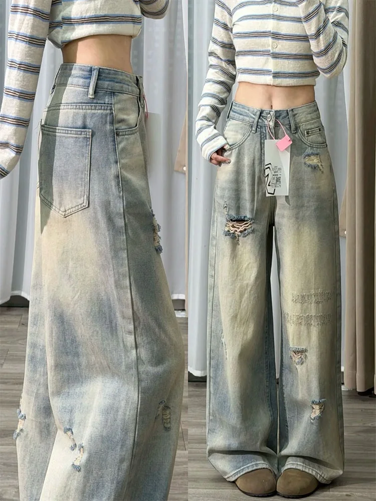 

Washed Denim Jeans High Waist Wide Leg Pants Slimming Light Blue Jeans Hole Punching Summer Thin Cotton Polyester Blend