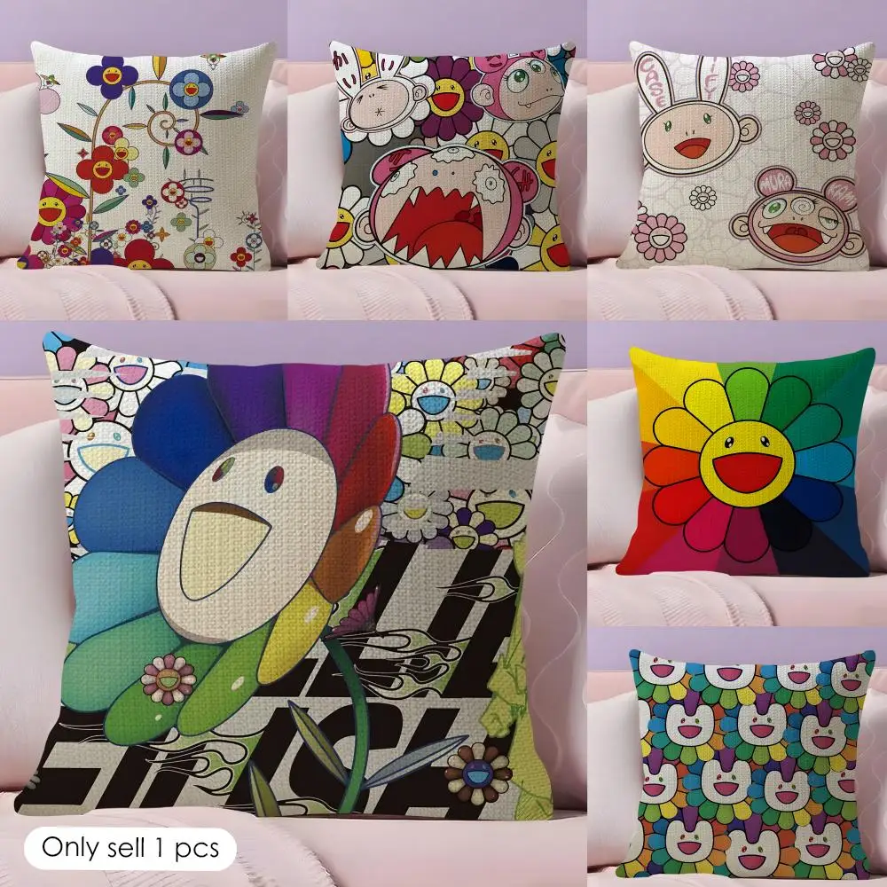 T-Takashi M-Murakami Art Cushion Cover Natural Linen Pillow Case Double-Sided Print Decorative Sofa Pillowcase Home Decor Gift