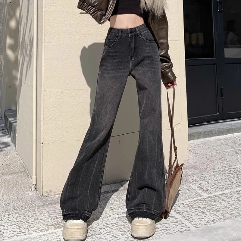 Woman High Waist Designer Flare Jeans Girls Elastic Streetwear Bell Bottom Pants Lady Fashion Y2k Blue Black Grey Denim Trousers