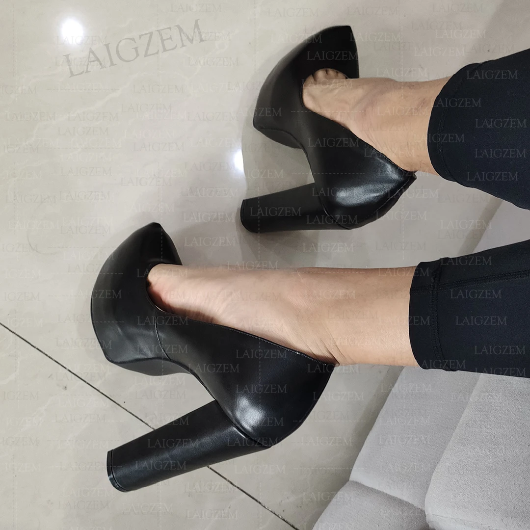 LAIGZEM Women Pumps Faux Leather Round Toe Chunky High Heels Sandals Slip On Handmade Unisex Shoes Woman Big Size 39 41 44 50 52