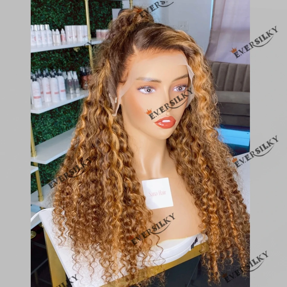 

Brazilian Human Hair Kinky Curly Highlight Honey Blonde Wig for Black Women Pre Plucked Hairline 360 Lace Frontal Wig Remy Hair