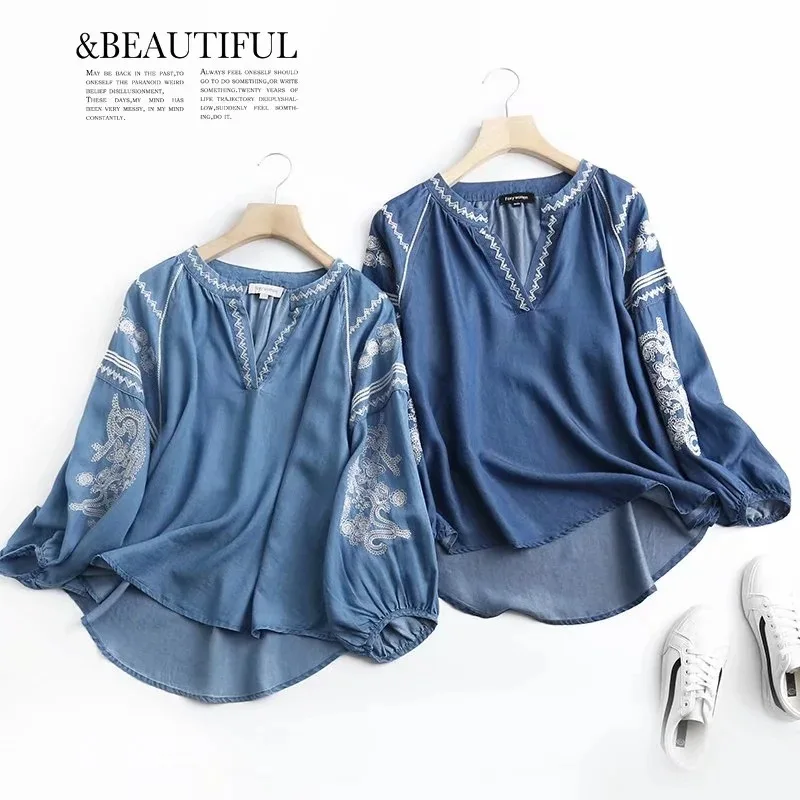 Reglan Lantern Sleeve Denim Shirts Women's Summer Soft Jeans Outer Wear Embroidered Casual Loose Blouses Drape Thin Top T37505JC