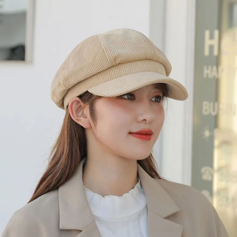 2022 Women\'s Caps For Four Seasons Fashion Artist Corduroy Ladies Beret Octagon Hat Casual Dome Nude Hood Feminino Boina S61