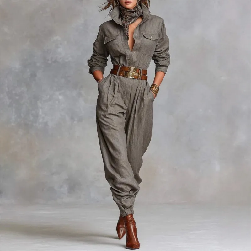 Spring Autumn Casual Commuting Women's Jumpsuit Fashionable Solid Color Half-cardecked Long Sleeve High Waist Jumpsuit (No Belt)