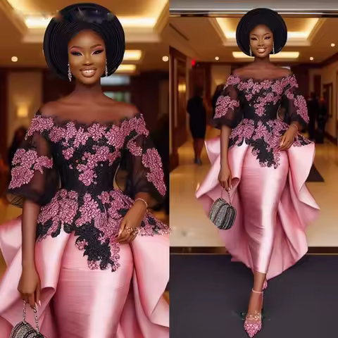 Black And Pink Lace Appliques Prom Dress Aso Ebi Sheer Sleeves Satin Sheath Evening Gowns Women Formal Occasion Party Dress