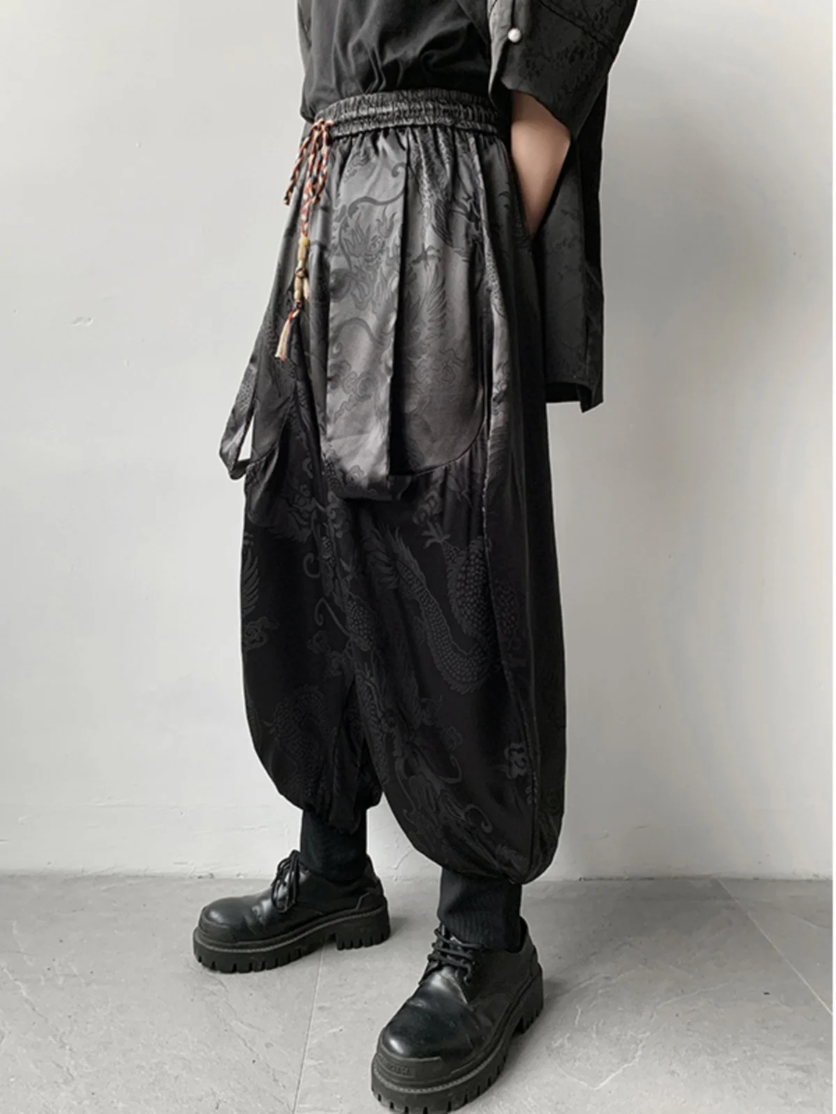 Chinese Style Summer Thin Casual Pants Men's Loose Long Trousers Dragon Pattern Loose Fit Harlan Trousers