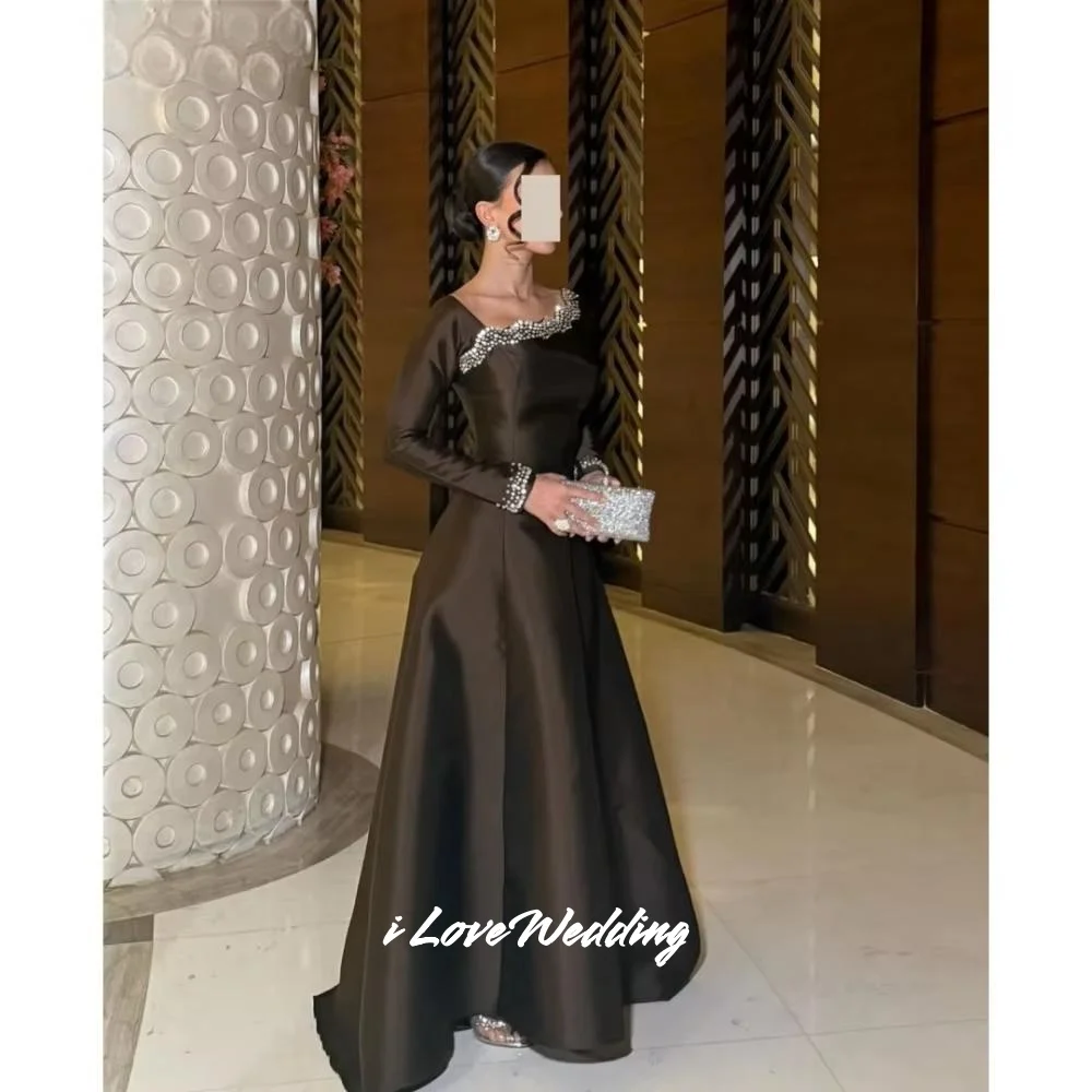 

Long Sleeve Prom Dress 2025 Satin A-Line Crystal Evening Dress Floor-Length Pleated Evening Dress Wedding Party Dress Customized