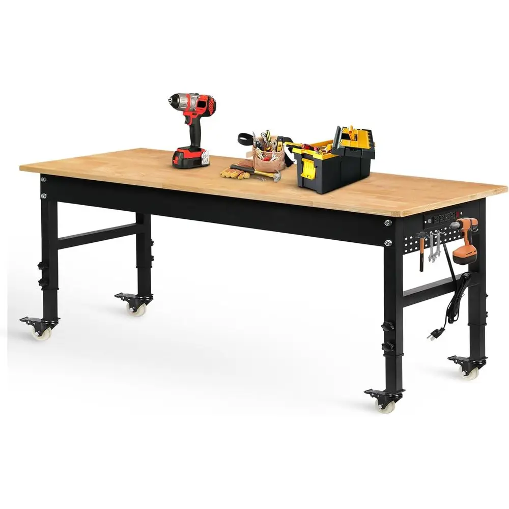 

70 Heavy-Duty Adjustable Workbench with Wheels, 2000 lbs Capacity, Power Outlets, and Pegboard for Workshops, Garages, Offices,