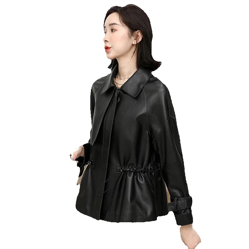 

Spring New Sheepskin Genuine Leather Clothes For Women's Short Leather Jackets, Waist Closing, Slimming And Casual Outwear