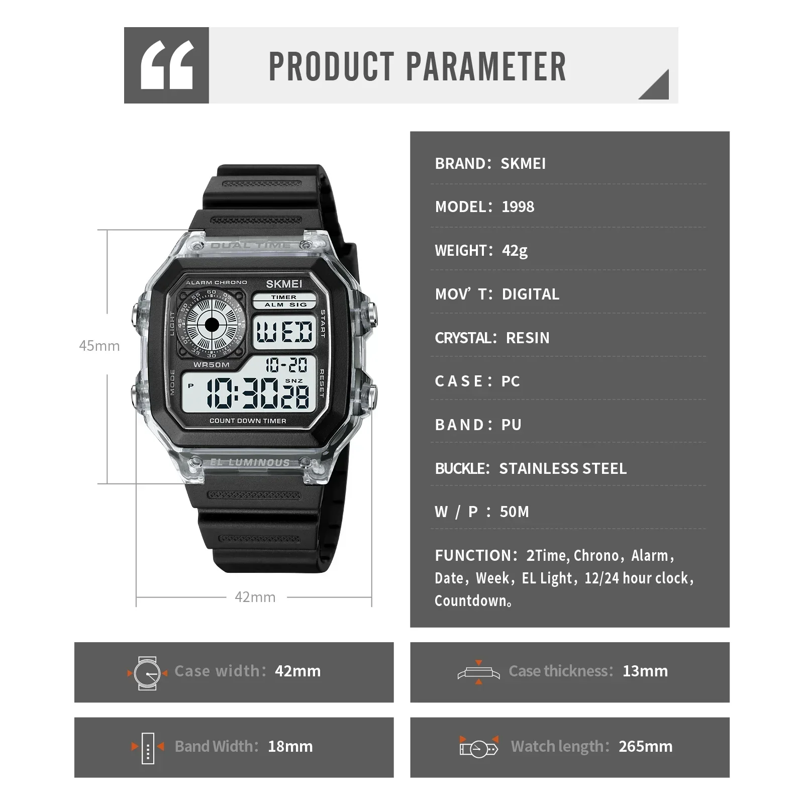 SKMEI 1998 Clock reloj hombre Japan Digital Movement Countdown Sport Watch Mens Multifunction 5Bar Waterproof Chrono Wristwatch