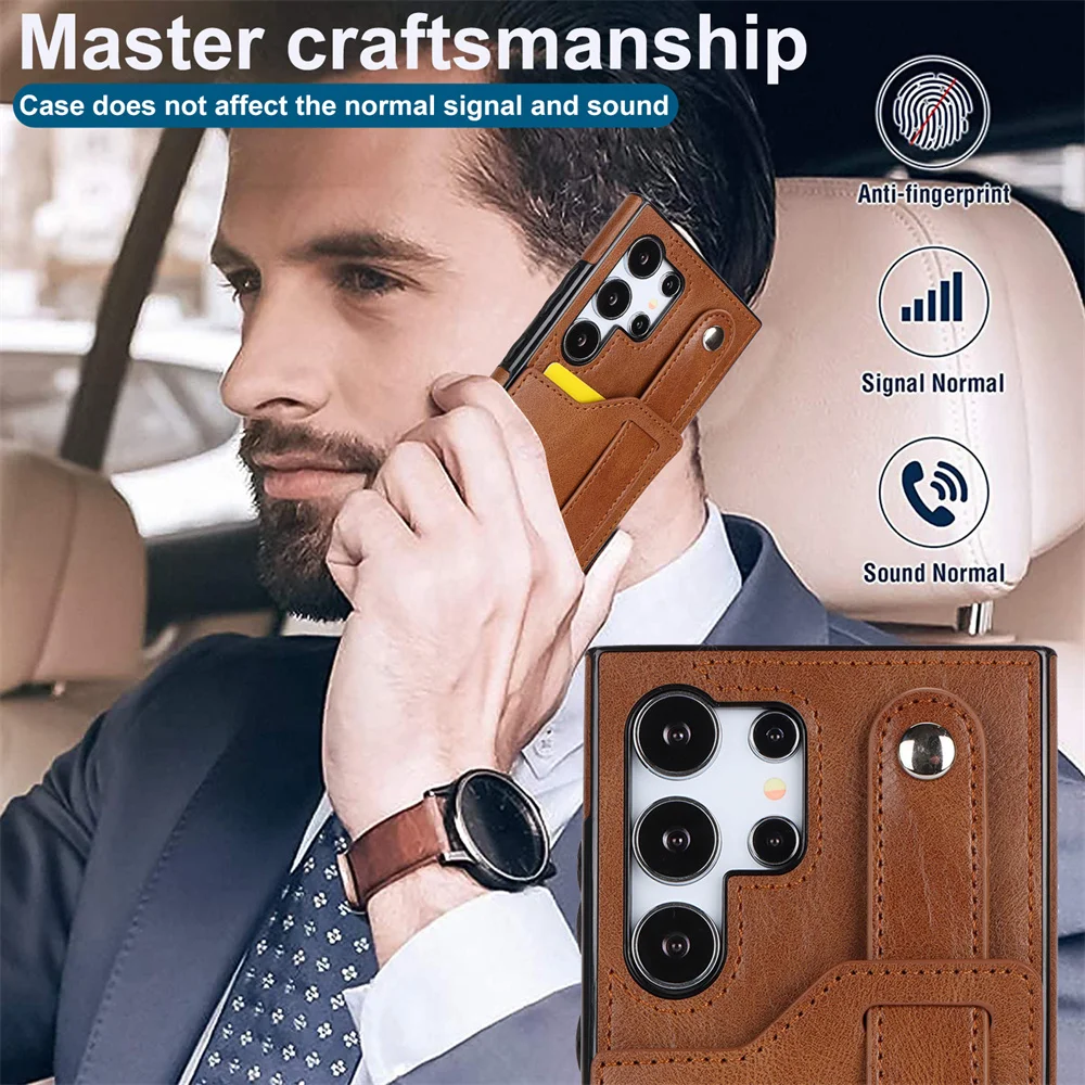 Portable Wristband Leather Case for Galaxy S25 Ultra S20 S22 S24 Plus S21 S23 FE S25 Edge RFID Blocking Card Holder Back Cover