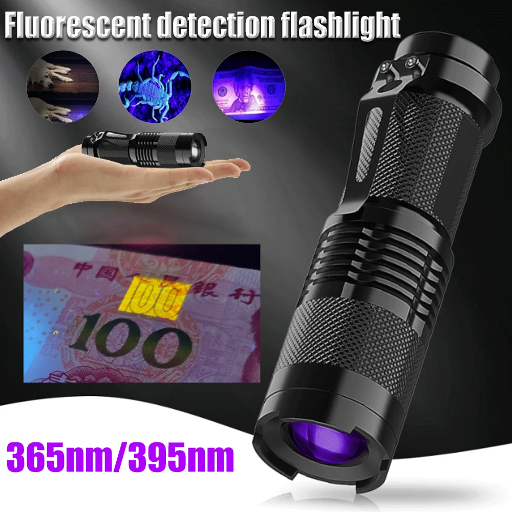 

LED UV Flashlight 395nm/365nm Blacklight Lamp Portable Mini Waterproof with Zoomable Focus Pet Urine Scorpion Detector Camping