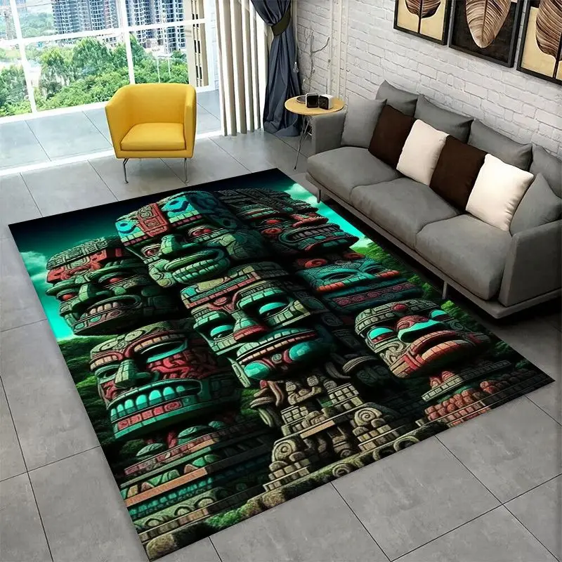Mayan Mask Aztec Totem Large Area Rug Non-slip Durable Carpet for Bedroom Living Room Sofa Doormat Home Decor Floor Mat Gift