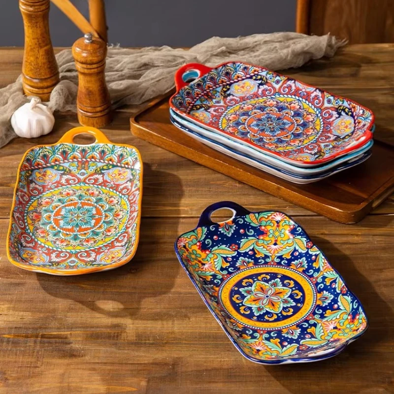13in Bohemian double-eared fish plate household steamed fish plate large rectangular fish serving plate ceramic vegetable plate
