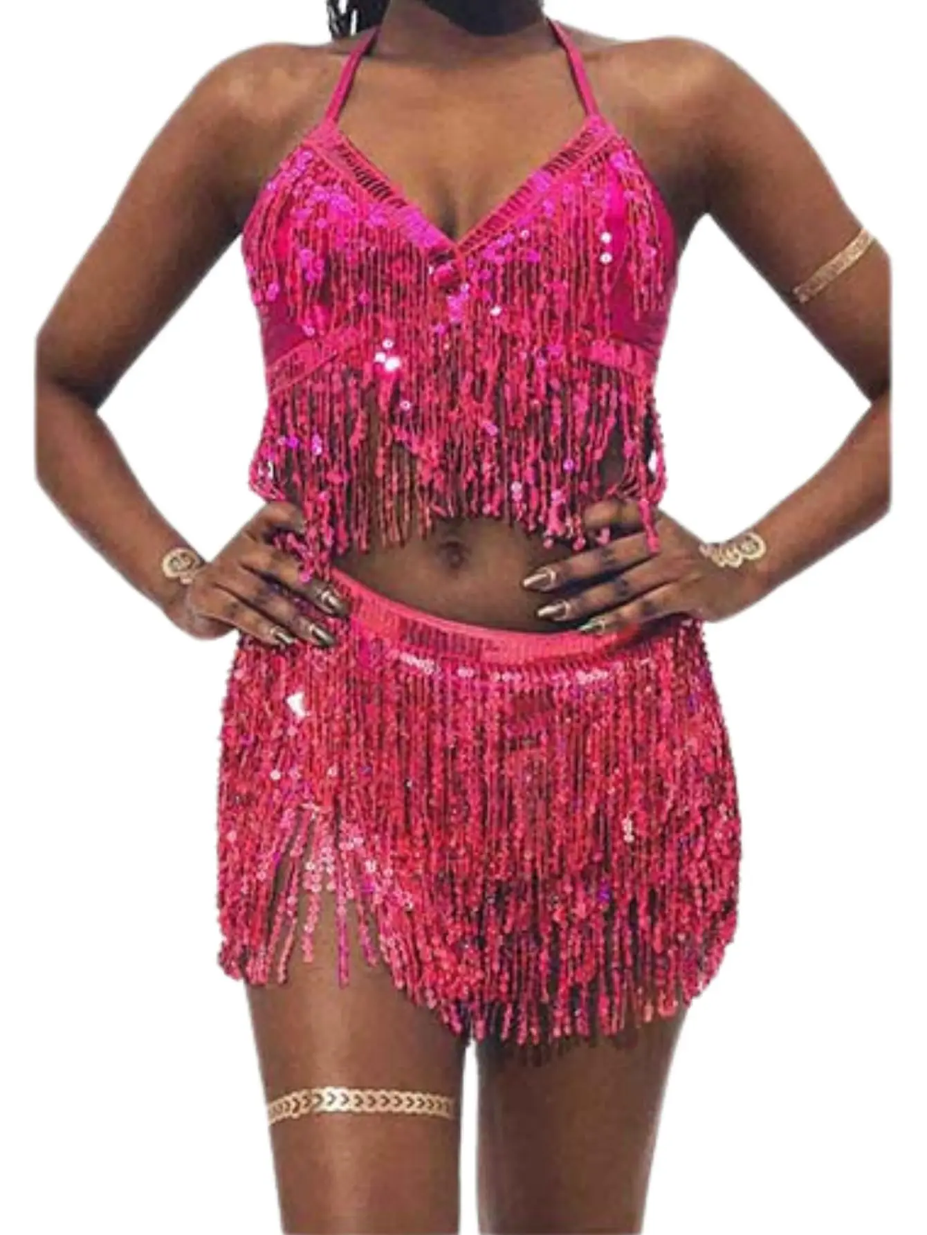 Bauchtanz Top BH Gürtel Set Latin Pailletten Fransen Neckholder Hüftrock Sexy Party Kostüm 4-lagige Quaste Bühnenaufführung Stoffkleidung – Detail 9