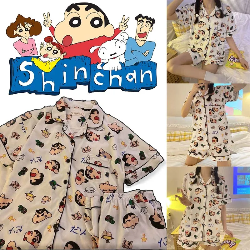 Crayon Shin-chan Spring Summer Pajamas Set Terylene Pajamas Turn-down for Women Collar Short-sleeved Shorts Leisure Home Clothes