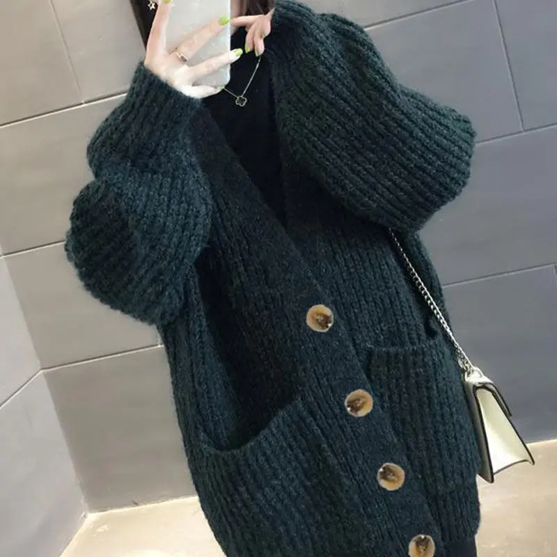 Fashion Sweater Woolen Jacket Women's Autumn Winter Mid-Length Thick Korean Loose Lazy Knit Cardigan Female Sweater Porket