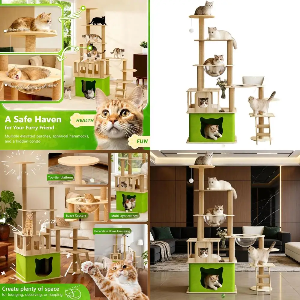 

Многоуровневая деревянная кошачья стойка (65 см) с 2 лежанками, 2 домиками, стойкой для когтей, лестницей, гнездом и игрушкой для крупных кошек весом до 9 кг