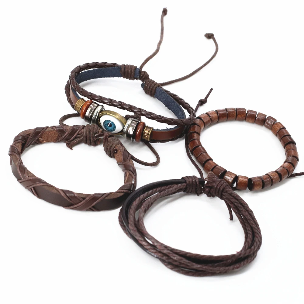 4 Pcs/Set Multilayer Brown Leather Woven Men Bracelets For Women Eye Charm Wood Beads Homme Male Gift Jewelry