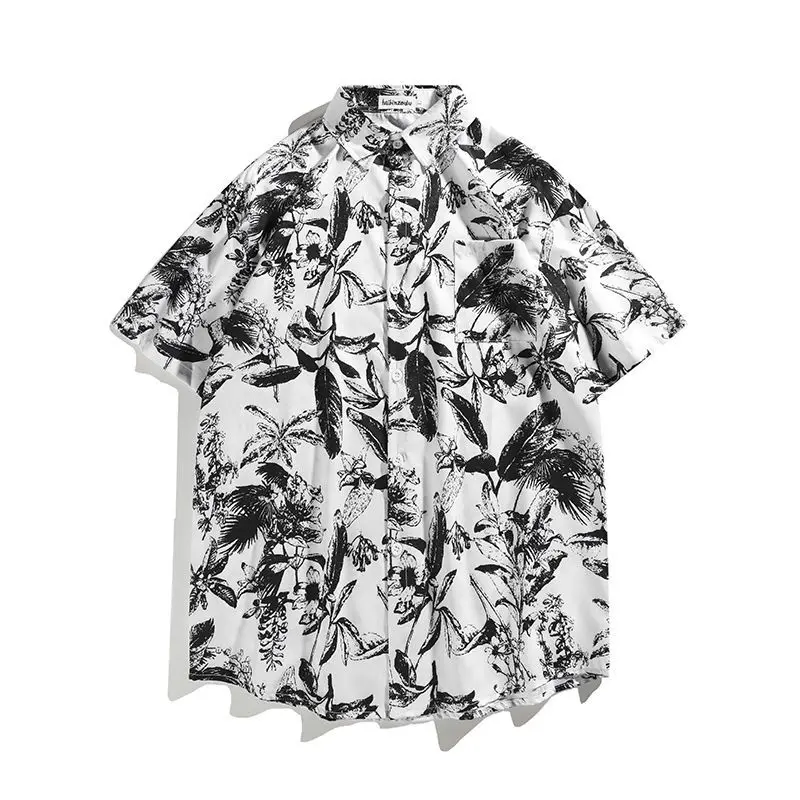 Floral Shirt Shorts Beach Suit Men's Summer Trendy Brand Ruffian Handsome Seaside Wear Large Size Ice Silk Two-piece Summer Wear