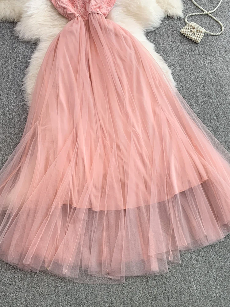 

Summer Slimming Embroidered Lace One-oulder Net Gown Women's High Waist A-Line Midi Dr Korean Sle Comfortable Casual