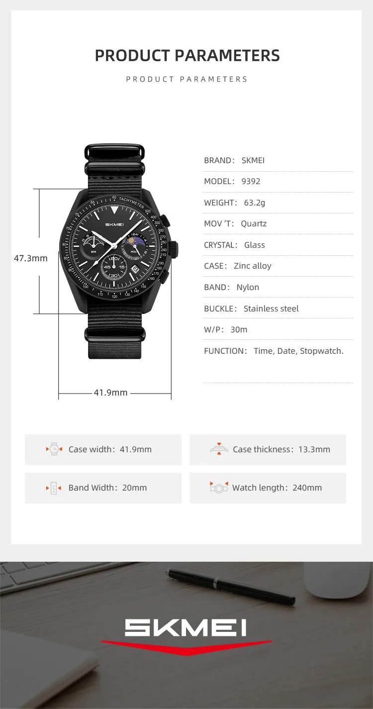 SKMEI 9392 Quarz Chronograph Uhren für Männer und Frauen mit Datum 30M Wasserdicht Sportuhr Modische Nylon-Armbanduhr Geschenke Reloj Mujer – Detail 15