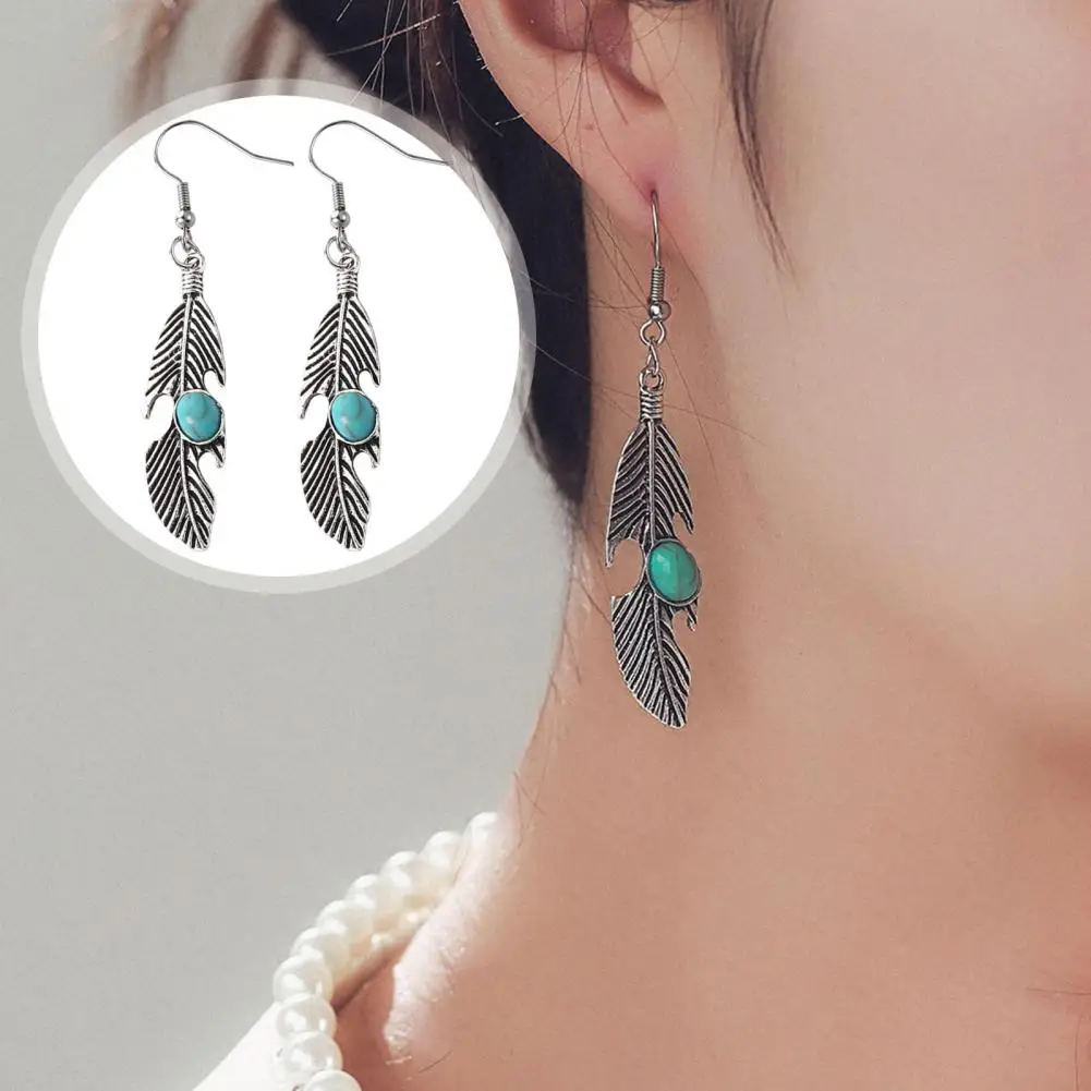 Faux Turquoise Earrings Bohemian Vintage Earrings Bohemian Style Feather Earrings with Faux Turquoise Retro Women's for Long