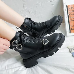 Heart Buckle Chunky Platform Ankle Boots Women 2024 Autumn Pu Leather Thick Bottom Short Boots Woman Black Motorcycle Shoes