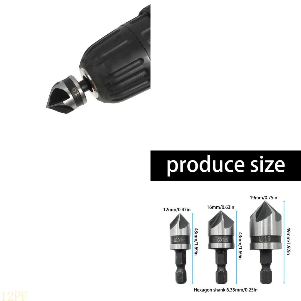 

12PF Carbon Steel 5 Flute Countersink Drill Bit Tool With Hexadecimal Shank 3pcs