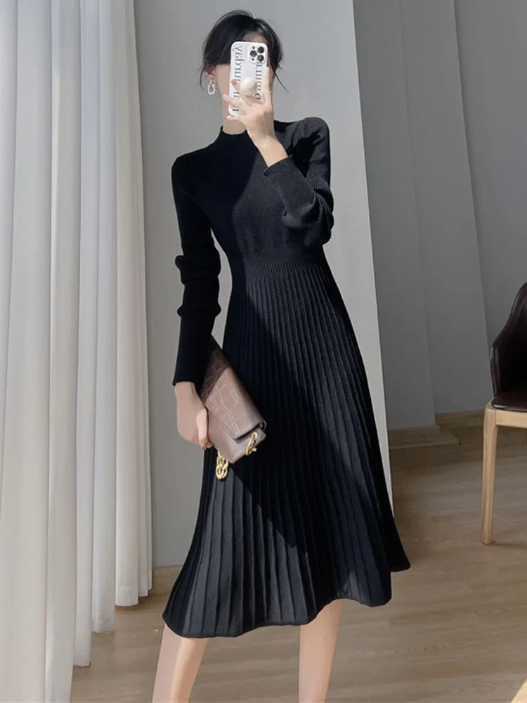 

Elegant Design Sense Niche Dresses for Women 2023 Autumn/Winter Mid Length Sweater Skirt Long Sleeved Half High Collar Dress