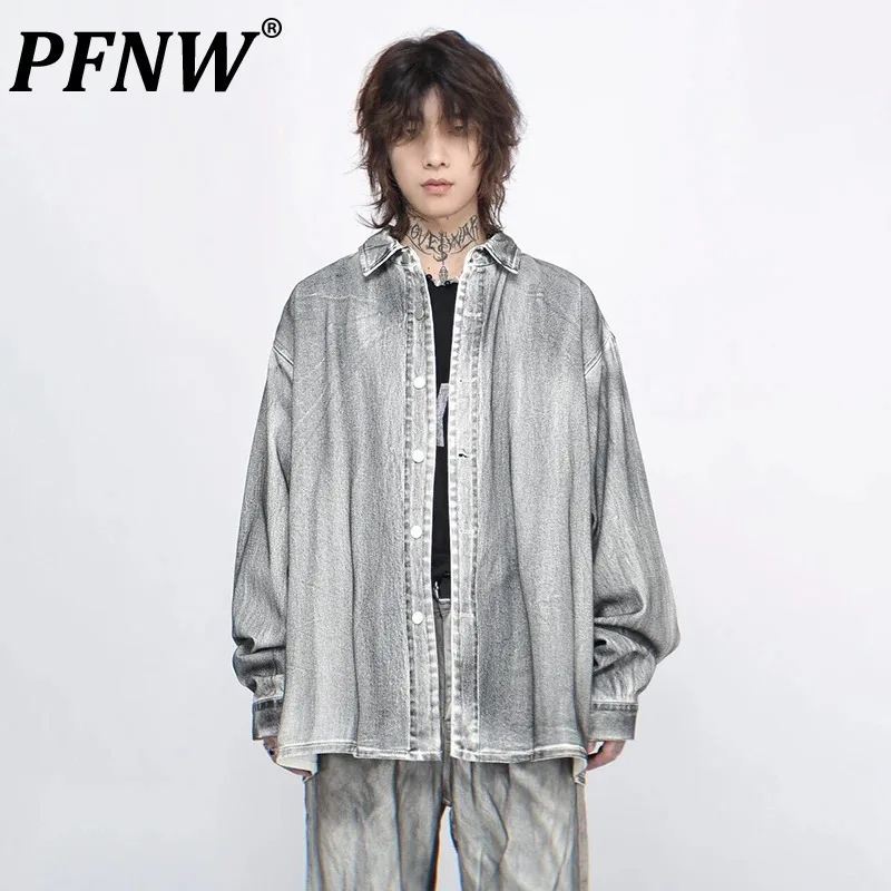 

PFNW American Spray Painted Design Denim Shirt Men's High Street Lapel Long Sleeved Male Trendy New Autumn Vintage Tops 28W5066