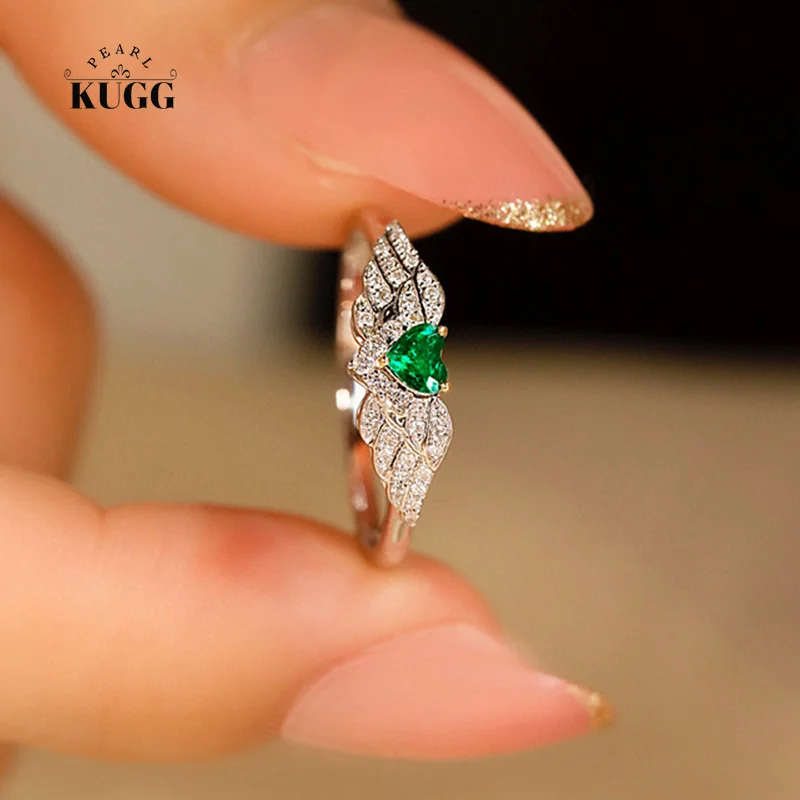 

KUGG 18K White Gold Rings Romantic Heart Angel Wings Design Natural Emerald Real Diamond Gemstone Party Ring for Women Wedding