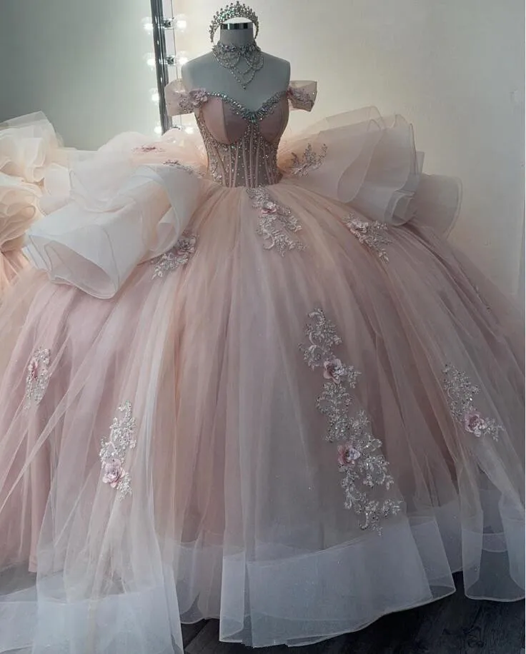 Vestidos de princesa para quinceañera, corsé hinchado con volantes, deshuesado de cristal, vestido de graduación dulce 16 de 15 años, Rosa melocotón, 2024