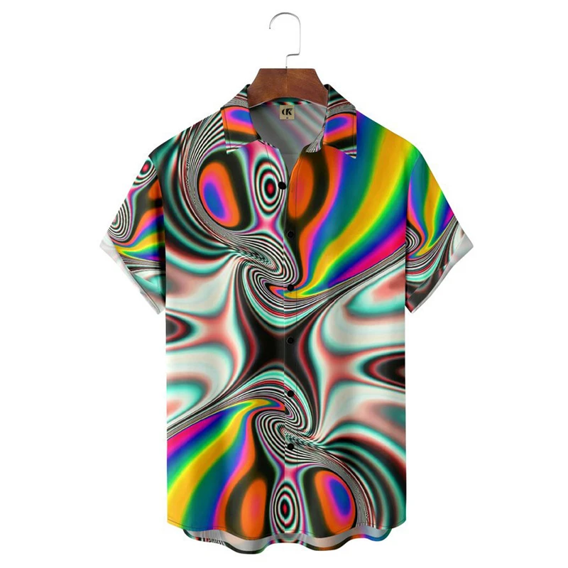Men's Psychedelic Swirl Rainbow All Over Print Short Sleeve Lapel Shirt Abstract Art Design Loose Summer Beach Casual Tops Mens