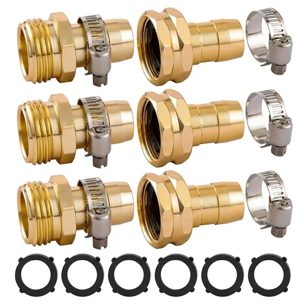 Garden Hose Repair Connector Kit Reinforced Plastic Male and Female GHT Fittings with Clamps and Washers 3/4