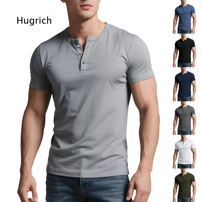 Mens Summer Solid Color Henley Short Sleeve Shirt Slim Fit Crew Neck Casual Top Suitable For Daily Walking Outdoor Activities A